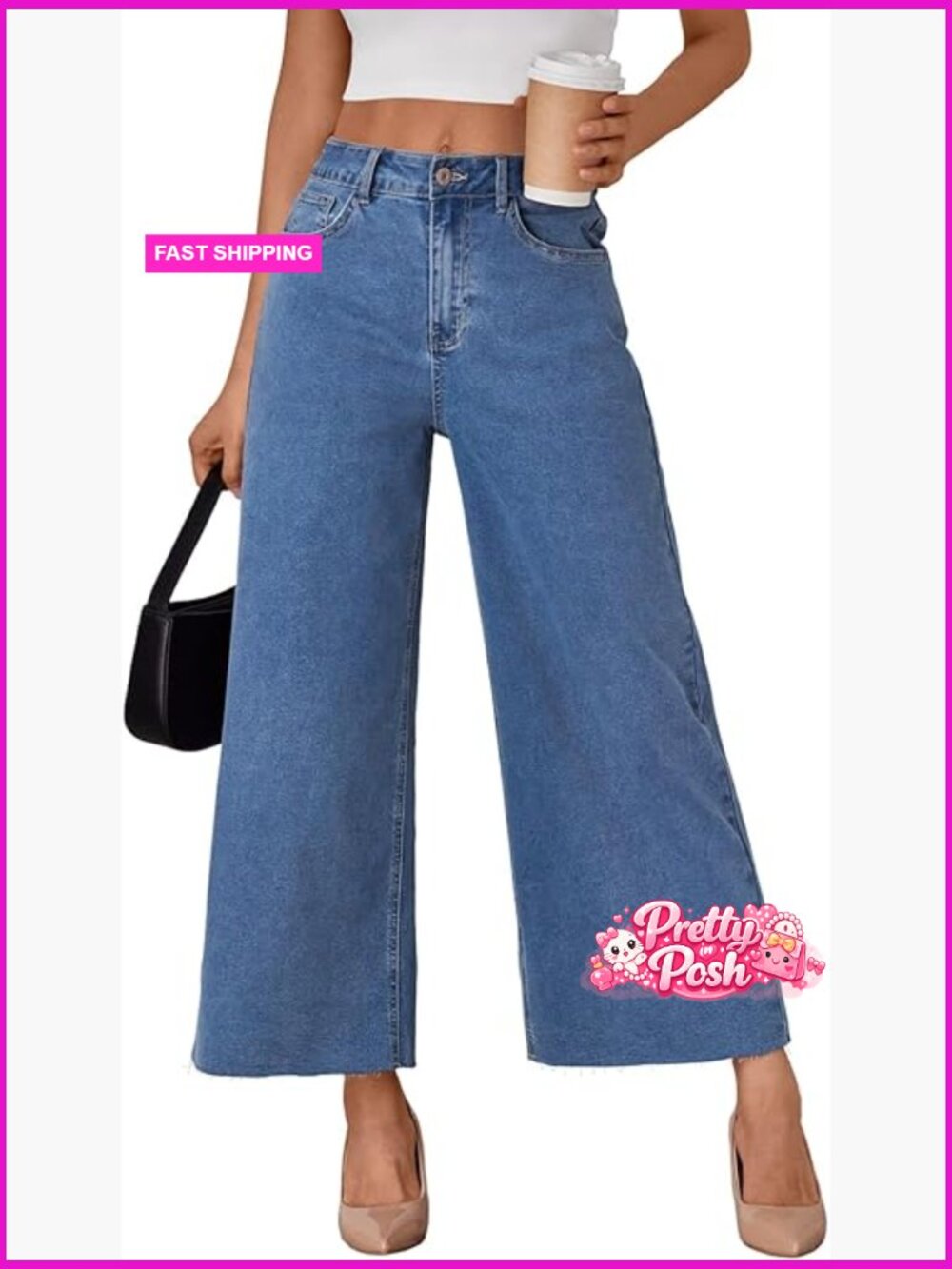 High Waisted Wide Leg Jeans Stretchy Baggy Denim Ankle Cropped Raw Hem